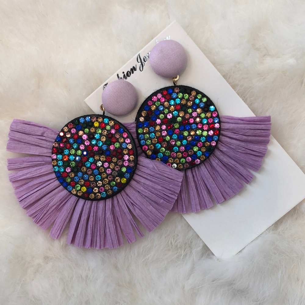 Large Multicolor Rhinestone Fringe Tassel Earrings